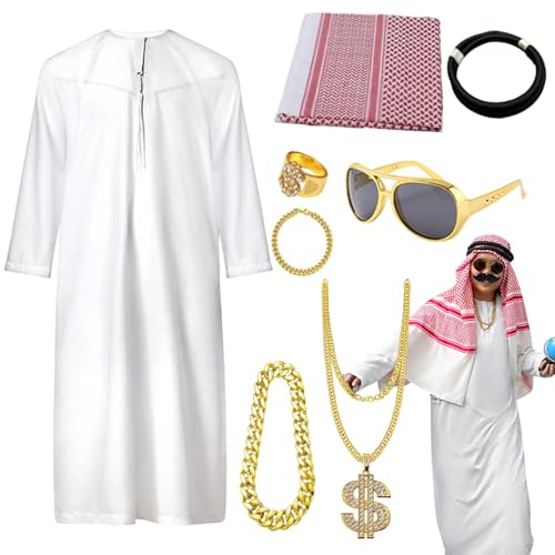 saibunratus Arabisches -Kostüm für Herren, Nahöstliches Kostüm mit langem Tunika-Kopfschmuck, kreatives saudisches Erwachsenenkostüm für Erwachsene, Teenager, Jugendliche, Freund saibunratus Arabisches -Kostüm für Herren, Nahöstliches Kostüm mit langem Tunika-Kopfschmuck, kreatives saudisches Erwachsenenkostüm für Erwachsene, Teenager, Jugendliche, Freund von saibunratus