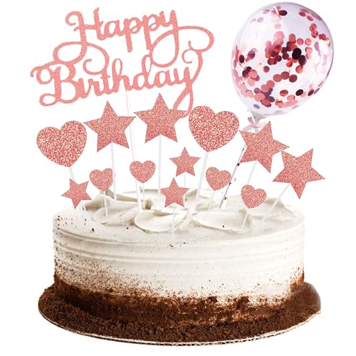 Kuchendeko, 15PCS Geburstagstorte Deko Kuchendeckel,Tortendeko Sterne Herz Cupcake Topper mit Glitzer Ballon Geburtstag Cupcake Kuchendekoration geburtstag mädchen Geburtstagsfeier Dekor(Rose Gold) von saizone