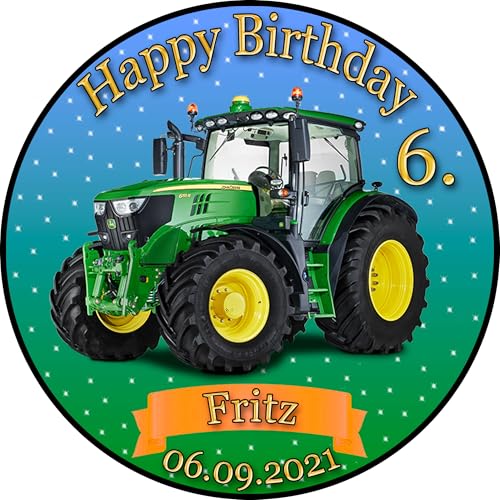Tortenaufleger Fototorte Tortenbild Kindergeburtstag Fahrzeuge Traktor Trecker FZ02 (Zuckerpapier) Rund 14 cm Ø ohne Foto Grün von sales-world24