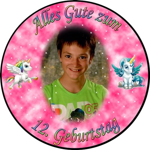Tortenaufleger Fototorte Tortenbild zum Geburtstag Motiv: Einhorn (Zuckerpapier) Rund 20 cm Ø Pink von sales-world24