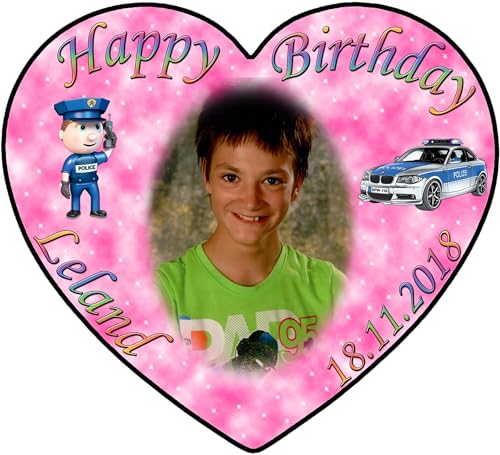 Tortenaufleger Fototorte Tortenbild zum Geburtstag Motiv: Polizei (Zuckerpapier) Herzform 22 x 20 cm Pink von sales-world24