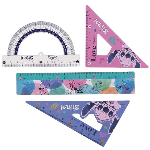 Disney Stitch Set mit Schulutensilien, geometrischen Instrumenten - 4 Elemente, Lineal, Winkelmesser, Geodreieck, Dreieck (Stitch B) von sarcia.eu