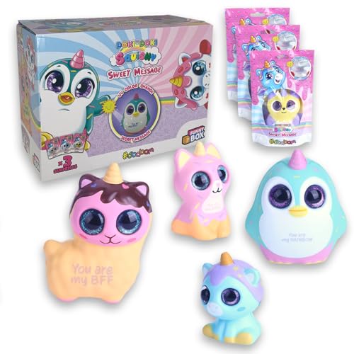 #sbabam Funny Box Doki Doki Squishy Sweet Message, Kiosk Kinderspiele, Squishy Spielzeug mit Glitter Augen für Mädchen Geschenk, Pack 3 Stücke, Enthüllen Magische Nachrichten mit Licht von #sbabam