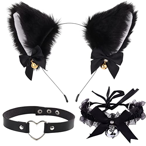 scalingscal Katzenohren Haarreif, Katze Ohr Stirnband Haarband, Cat Ears Stirnband Glöckchen Halskette PU Leder Punk Choker Halsketten Kreis, Cosplay Haarschmuck für Party Kostüm Dressing, 3 Stück von scalingscal