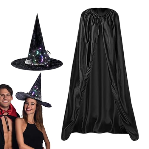 scyca Halloween-Umhang-Set, Halloween-Hexenumhang, Zaubererumhang, Halloween-Kostüm, schwarzer Umhang mit beleuchtetem Hexenhut für Erwachsene für Rollenspiele scyca Halloween-Umhang-Set, Halloween-Hexenumhang, Zaubererumhang, Halloween-Kostüm, schwarzer Umhang mit beleuchtetem Hexenhut für Erwachsene für Rollenspiele von scyca