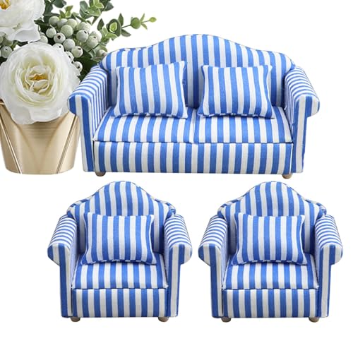 scyca Sofa-Set für Puppenhaus, Puppenhausmöbel im Maßstab 1:12, Sofa und Stuhl – Sofa mit hoher Simulation aus Holzstoff, rote Streifen und von scyca