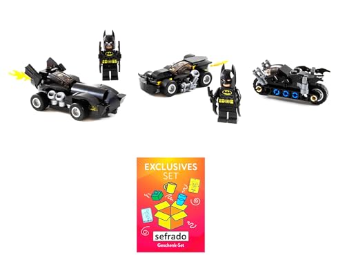 sefrado Bundle Exclusive Geschenkkarte kompatibel mit 2 x Lego Batmobile 1 x Batcycle und 2 Figuren mit Batarangs aus der Serie Lego Batman von sefrado