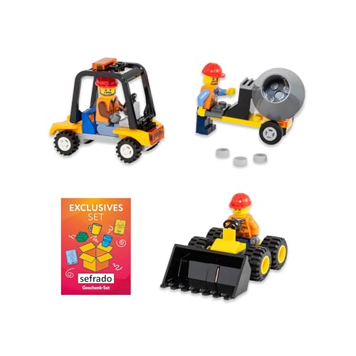 sefrado Bundle Exclusive Geschenkkarte kompatibel mit 3 Bauarbeiter Figuren und 3 Baufahrzeugen z.B. Bagger aus der Serie Lego City von sefrado
