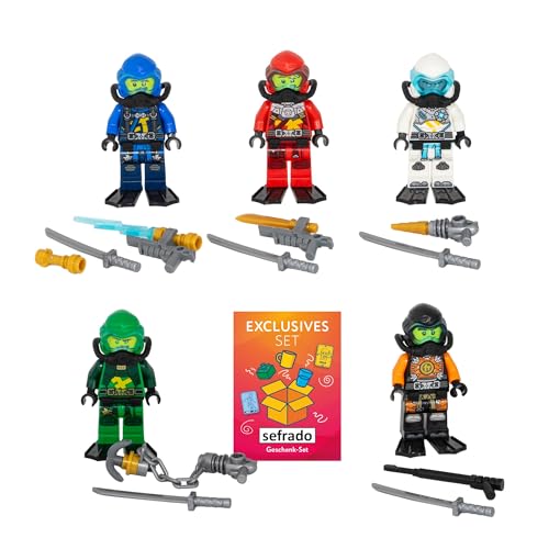 sefrado Bundle Exclusive Geschenkkarte kompatibel mit 5 Lego Ninjago Taucher Figuren Jay - Kai - Cole - Lloyd - Zane mit Waffen und Zubehör - Geheimnis der Tiefe von sefrado
