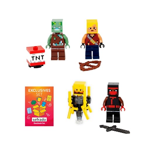 sefrado Bundle Exclusive Geschenkkarte kompatibel mit Lego Minecraft Figuren - Blaze - Alex - Ninja - Ertrunkener Zombie mit Waffen oder Zubehör Set 1 von sefrado