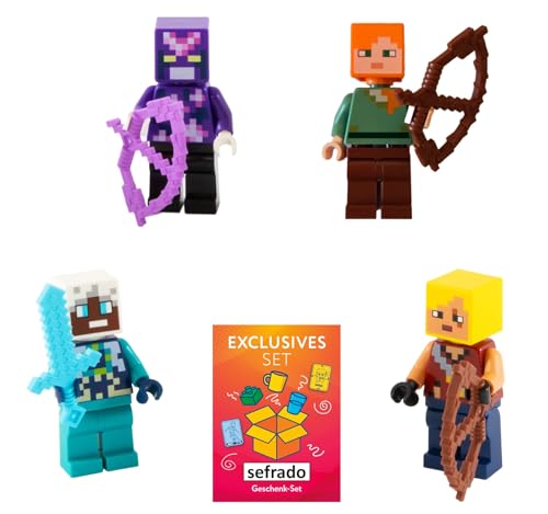 sefrado Bundle Exclusive Geschenkkarte kompatibel mit Lego Minecraft Figuren - Trophäensammler - Hero - Alex - Kristallritter mit Waffen oder Zubehör - Set 2 von sefrado