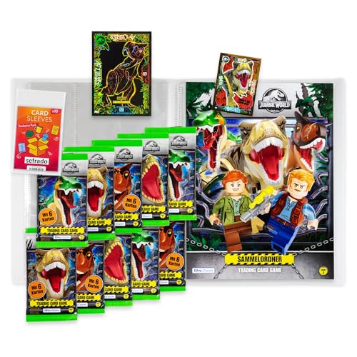 sefrado Bundle Exclusive Hüllen kompatibel mit 1 x Sammelmappe leer + 10 Booster Jurassic World Serie 3 Lego Trading Card Game 2023 + Bonus XL Karte Carnotaurus + LE 1 Power T-Rex von sefrado