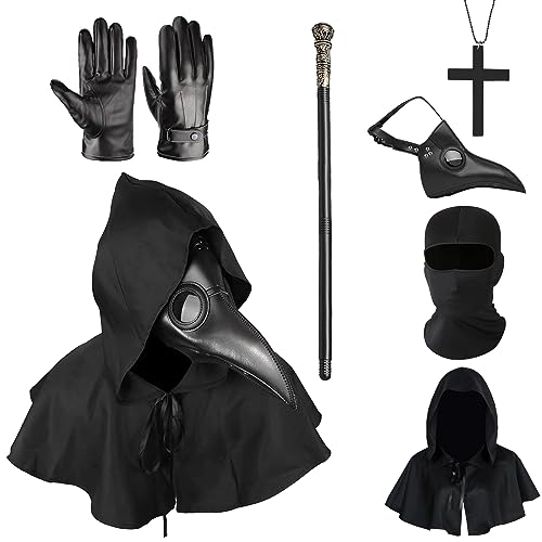shengo 6PCS Pest Arzt Maske Set PU Leder Lange Nase Schnabel Maske mit Schal Halskette Handschuhe Zepter, Halloween Maske Steampunk Maske Pest Arzt Kostüm für Halloween Party Cosplay Maskerade von shengo