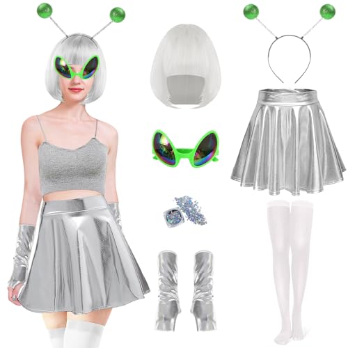 Shengo Alien Kostüm Damen Galaxy Glänzend Metallisch Mini Rock, Space Girl Cosplay Disco Club Tanzkleidung für Karneval Halloween Clubwear Party (White, XL) von shengo