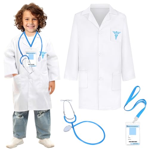 shengo Arzt Kostüm für Kinder, Laborkittel Kinder Ärzte Kostüm mit Stethoskop Requisiten Kartenhalter Arzt Rollenspiel Outfit für Mädchen Jungen(130-140CM) von shengo