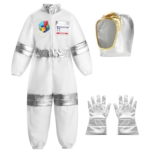 shengo Astronaut Kostüm, Astronaut Jumpsuit für Kinder, Weltraumkostüm mit Astronautenhelm und Handschuhen Astronaut Rollenspiel Karneval Halloween Kostüme für Mädchen und Jungen (White, S) von shengo