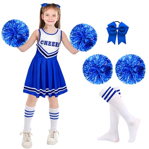 shengo Cheerleader Kostüm Kinder Cheerleader Kleid, Mädchen Cheerleader Kostüm mit Cheerleader Pompons, Damen High School Cheerleader Kostüm für Karneval Halloween Kostüm Party (Blue, 9-10Y) von shengo
