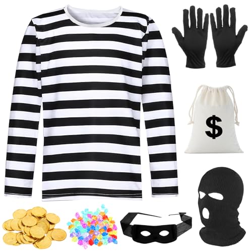 shengo Herren Räuber Kostüm, Erwachsene Einbrecher Kostüm mit schwarz-weiß gestreiftem T-Shirt, Augenmaske Handschuhe Tasche Edelsteine Münzen Dieb Kostüm für Halloween Karneval Welttag des Buches von shengo