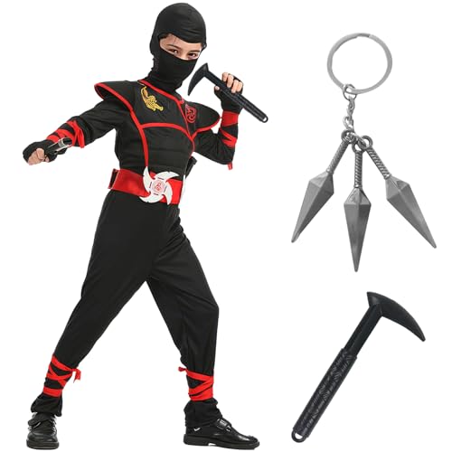 shengo Kinder Ninja Kostüm, Ninja Kostüm Set für Jungen Mädchen, Schwarz Rot Ninja Set Ninja Anzug mit Ninja Sense Ninja Schlüsselanhänger für Karneval Halloween Party Cosplay Verkleidung(Black, M) von shengo