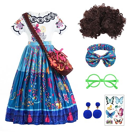 Mirabel Mädchen Kleid, Mirabel Madrigal Cosplay Kostüm Mirabel Kleider Feen Kostüm, Mirabel Ballerina Kleid mit Tasche Perücke Brille Ohrringe für Halloween Fasching Prinzessin Geburtstag Party von shengo