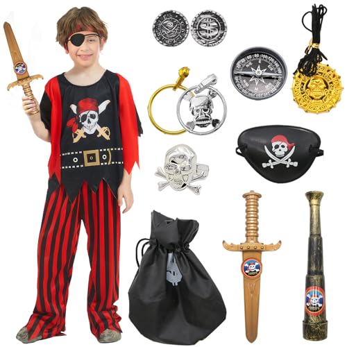 shengo Piraten Piratenkostüm, Kinder Piratenkostüm Piratenzubehör mit Fernglas Dolch Augenklappen Münzsäckchen Kompass Piratenmünzen für Kinder Jungen Karneval Party Verkleidung von shengo