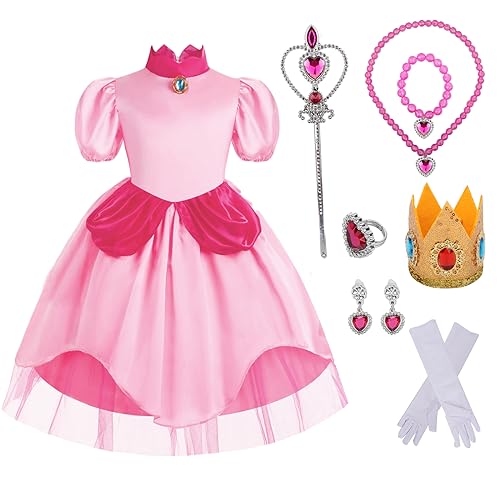 shengo Prinzessin Peach Kostüm für Mädchen, Prinzessin Kleid Peach Kleid Cosplay Kostüm Set mit Krone Zauberstab Handschuhe für Halloween Weihnachten Karneval Verkleidung 4-15 Jahre (Pink, 120CM) von shengo