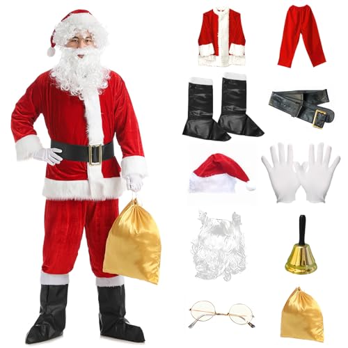 shengo Weihnachtsmann Anzug Erwachsene Kostüm, Deluxe Weihnachtsmann Kostüm, Santa Kleidung, Glocken, Santa Rucksack, Brille, Stiefel für Weihnachten Fancy Dress(XXL) von shengo