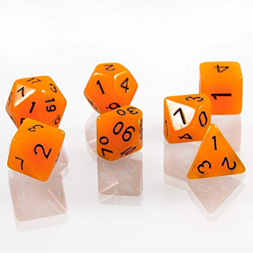 shibby 7 polyedrische leuchtende Würfel für Rollen- und Tabletopspiele in Orange mit Beutel von shibby