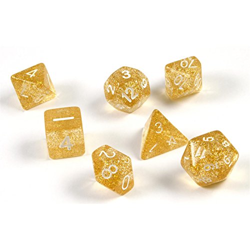 shibby 7 polyedrische Glitzer Würfel für Rollen- und Tabletopspiele in Gold mit Beutel von shibby