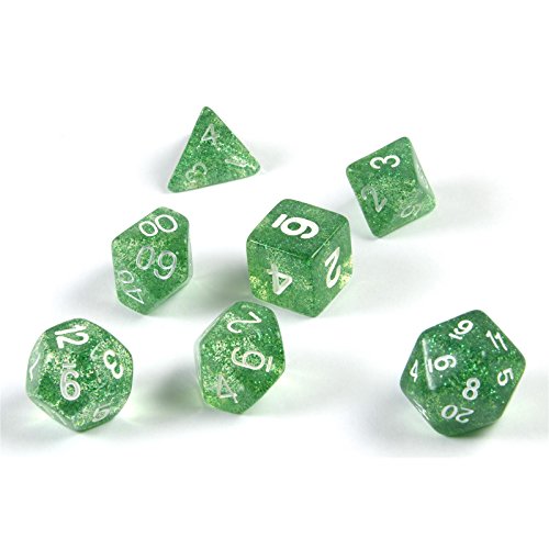 shibby 7 polyedrische Glitzer Würfel für Rollen- und Tabletopspiele in grün mit Beutel von shibby