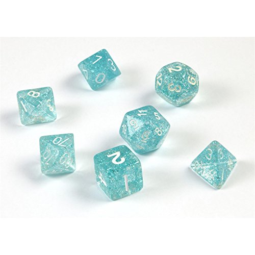 shibby 7 polyedrische Glitzer Würfel für Rollen- und Tabletopspiele in hellblau mit Beutel von shibby