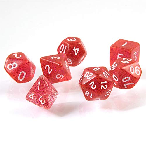 shibby 7 polyedrische Glitzer Würfel für Rollen- und Tabletopspiele in rot mit Beutel von shibby