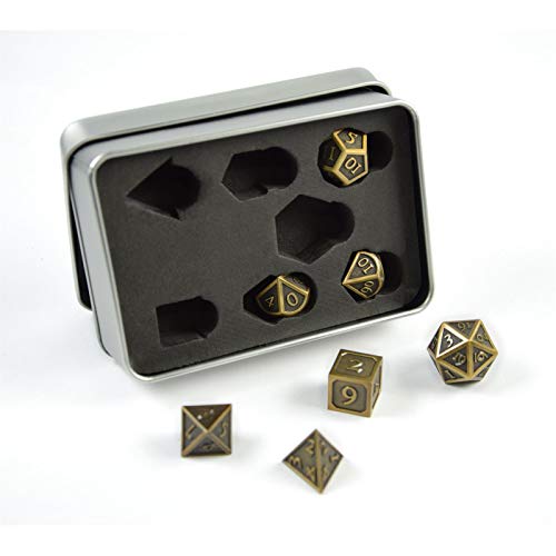 shibby 7 polyedrische Metall-Würfel für Rollen- und Tabletopspiele in Steampunk Gold-Optik inkl. Aufbewahrungsbox von shibby