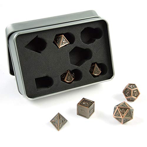 shibby 60014773 - 7 polyedrische Metall-Würfel für Rollen- und Tabletopspiele in Steampunk Kupfer-Bronze-Optik inkl. Aufbewahrungsbox von shibby