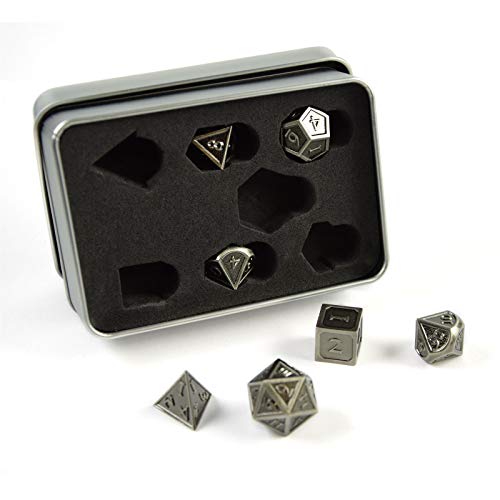 shibby 7 polyedrische Metall-Würfel für Rollen- und Tabletopspiele in Steampunk Silber-Optik inkl. Aufbewahrungsbox von shibby