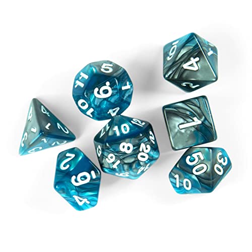 shibby 7 polyedrische Würfel für Rollen- und Tabletopspiele in dichromatisch hellblau - mit Beutel von shibby