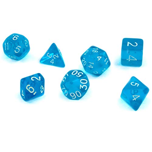 shibby 7 polyedrische Würfel für Rollen- und Tabletopspiele in transparent/blau mit Beutel von shibby