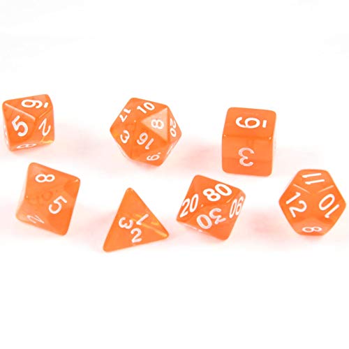 shibby 7 polyedrische Würfel für Rollen- und Tabletopspiele in transparent / orange mit Beutel, 7cm x 9cm von shibby