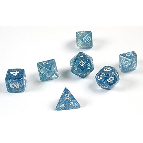 shibby 7 polyedrische Glitzer Würfel für Rollen- und Tabletopspiele in blau mit Beutel von shibby