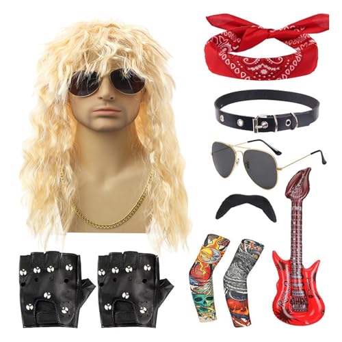 shizuku 80er-Rocker-Kostüme für Herren,80er-Rocker-Kostüm, 10-teiliges Rocker-Kostümset aus Metall, Komplettes Punk-Party-Zubehör, inklusive Perücke, Stirnband, Kragen, Sonnenbrille, Handschuhen, von shizuku