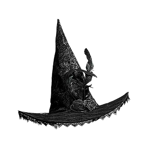 shjxi Halloween-Hexenhut | Halloween-Kostüm, Zauberer-Hut für Erwachsene mit Spitzenkrempe – Hexen-Cosplay-Kostüm-Zubehör für Halloween-Gastgeschenk von shjxi