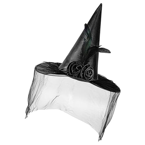 shjxi Halloween-Hexenhut für Damen, Hexenhut, Halloween-Hut, Foto-Requisiten mit Halbschleier, Feder, breiter Krempe, Halloween-Kostüm-Zubehör von shjxi