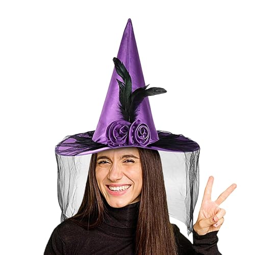 shjxi Hexenhut Erwachsene - Hexenhut Halloween Hut | Hüte Foto Requisiten mit Halbschleier, Feder breite Krempe Hut, Halloween Kostüm Zubehör von shjxi