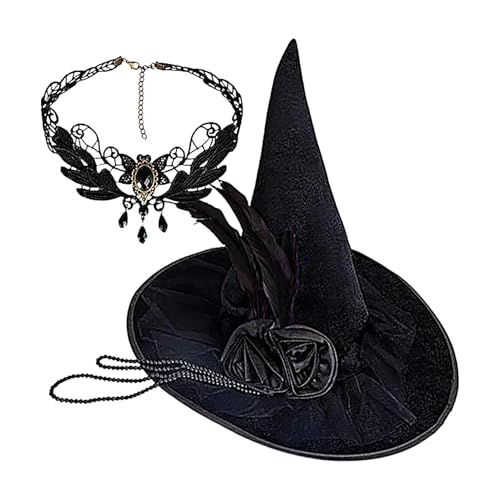 shjxi Schwarzer Hexenhut, Halloween-Hut, Hexenhut, spitzer Hut mit -Halskette, Federhüte, Zaubererhut für Damen, Teenager, Mädchen shjxi Schwarzer Hexenhut, Halloween-Hut, Hexenhut, spitzer Hut mit -Halskette, Federhüte, Zaubererhut für Damen, Teenager, Mädchen von shjxi