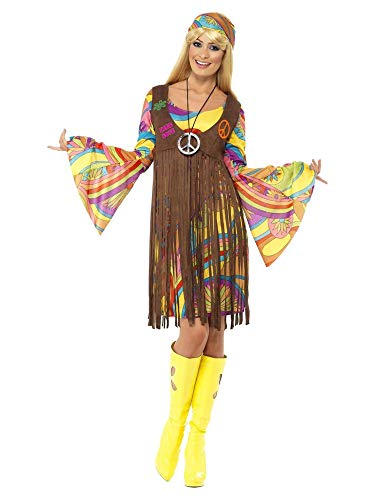 shoperama 1960s Groovy Lady Hippie Damen-Kostüm Kleid Fransen-Weste Stirnband 70er Jahre Seventies Sixties Flower Power Festival, Größe:S von shoperama