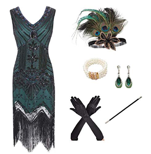 shoperama 20er Jahre Charleston Flapper Damen-Kostüm Grün/Schwarz Pailletten-Kleid mit Fransen und 5-TLG. Pfau Zubehör-Set, Größe:L von shoperama