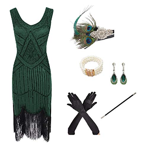 shoperama 20er Jahre Charleston Flapper Damen-Kostüm Grün Pailletten-Kleid mit Fransen und 5-TLG. Pfau Zubehör-Set, Größe:L von shoperama