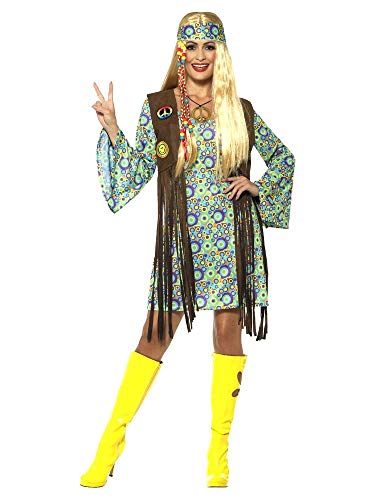 shoperama 60s Hippie Chick Damen-Kostüm Kleid Fransen-Weste Stirnband Kette 70er Jahre Seventies Sixties Flower Power Festival, Größe:L von shoperama