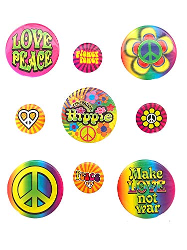 shoperama 9 Flower Power Hippie Anstecker Buttons Love Peace Blumen Kostüm-Zubehör 60er 70er Jahre von shoperama