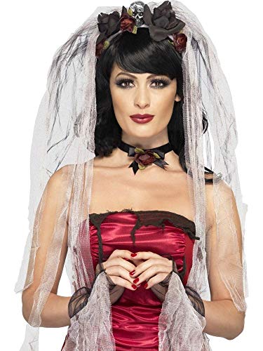 shoperama Set Gothic Braut Schleier mit Rosen und Totenköpfen Armstulpen Kette Halloween Kopfschmuck Tiara Haarreif von shoperama